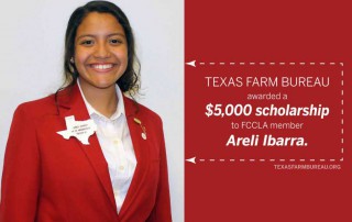 Texas Farm Bureau awarded Areli Ibarra, a senior at Madisonville High School, a $5,000 scholarship during the Texas Association Family, Career and Community Leaders of America (FCCLA) conference.