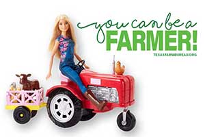 Farmer Barbie has a tractor, trailer, chickens, a lamb and a calf. She's outfitted to bring agriculture to young girls.