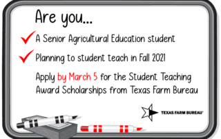 College students pursuing a degree in Agricultural Education and student teaching off campus in the fall can apply for Farm Bureau scholarships.