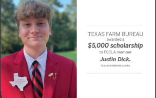Texas Farm Bureau awards 2023 FCCLA scholarship Texas Farm Bureau awarded Justin Dick a $5,000 scholarship during the Texas FCCLA state conference.