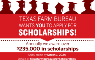 Texas Farm Bureau 2024 scholarship applications open Texas Farm Bureau (TFB) continues to invest in youth, devoting large amounts of money and time to help students develop leadership skills and a future in agriculture. That investment comes through scholarships at the state and county levels.