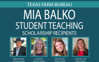 TFB awards fall 2024 student teaching scholarships Four college students majoring in agricultural education were awarded the Mia Balko Student Teaching Scholarship from Texas Farm Bureau.