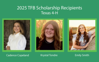 Texas 4-H names 2025 TFB scholarship recipients Cadence Copeland, Krystal Tondre and Emily Smith are the 2025 recipients of scholarships funded by Texas Farm Bureau through the Texas 4-H Foundation.