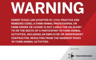 Agritourism liability signs available from Texas Farm Bureau A Texas statute provides limited liability protections for landowners with agritourism operations. The law requires a specific warning sign to be posted. The sign is available for purchase from TFB.