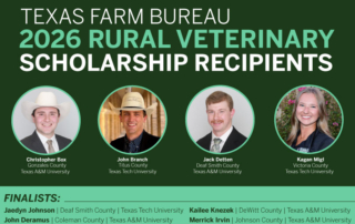 TFB names 2026 Rural Veterinary Scholarship recipients Four students pursuing a Doctor of Veterinary Medicine degree were awarded $20,000 Rural Veterinary Scholarships from Texas Farm Bureau.